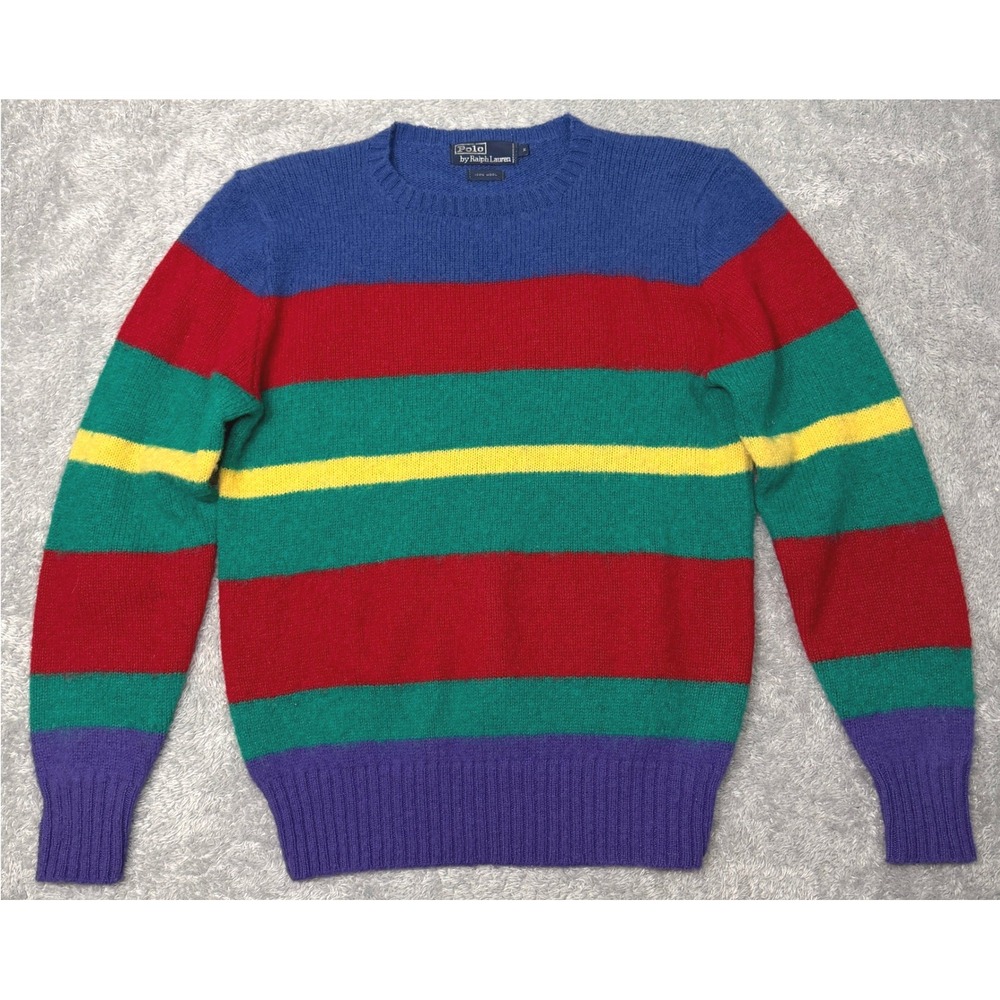 Vintage 90s Polo Ralph Lauren Sweater Mens M Multi Stripe Wool Crewneck Knit